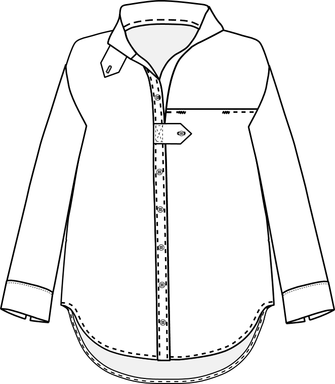 Patron chemise Louise, sketch devant avec col droit et patte horizontale.