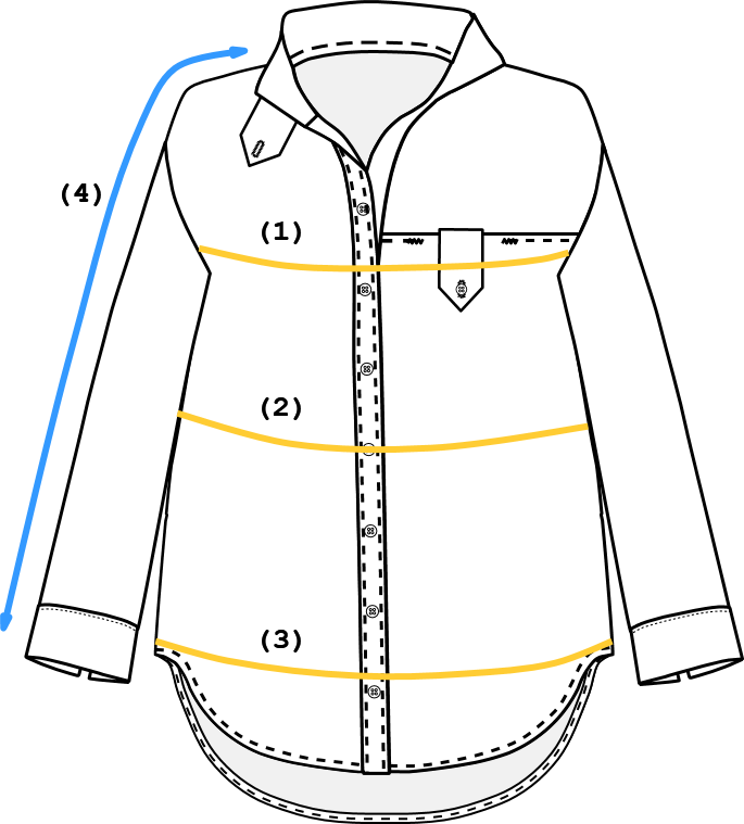 Patron chemise Louise, sketch avec les mesures finies 