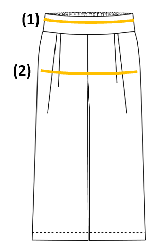 Sketch du pantalon Orel avec les mesures finies du tour de taille et tour de hanches